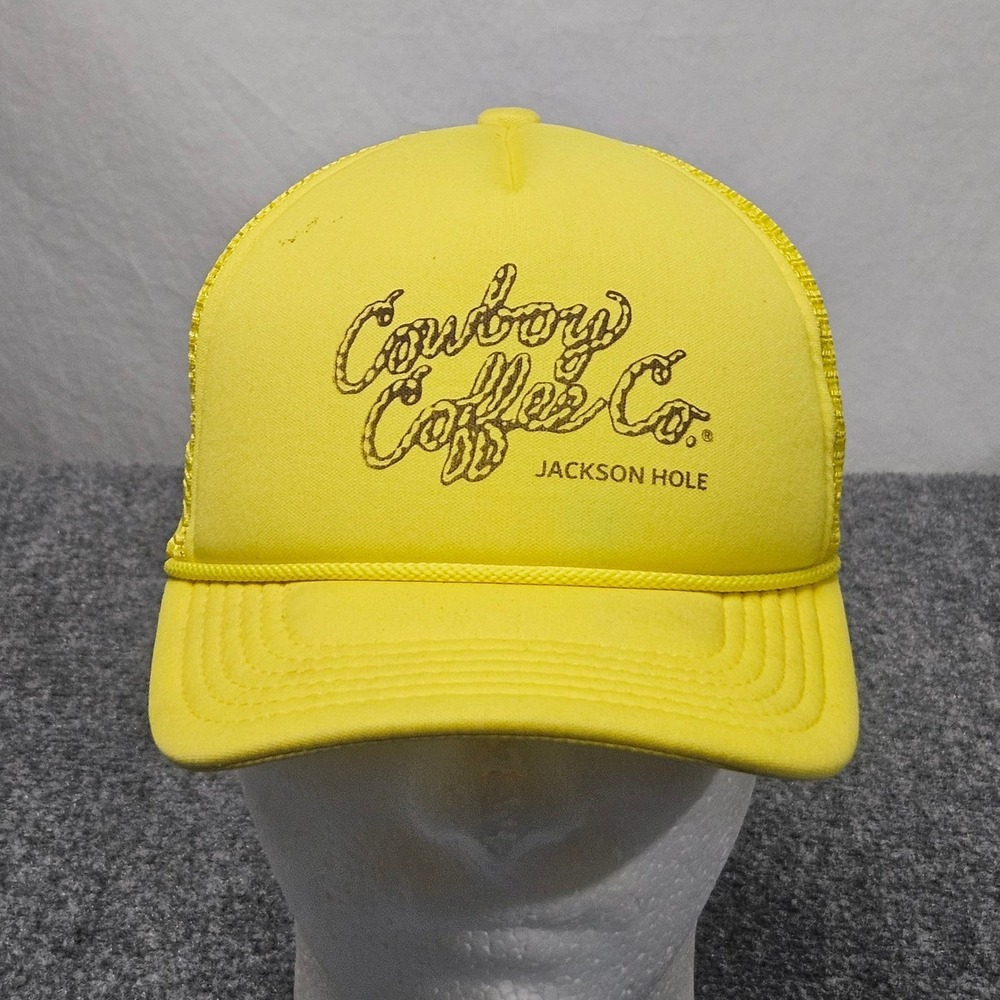 Cowboy Coffee Co Trucker Hat Yellow Jackson Hole Wyoming Snapback Cap Americana